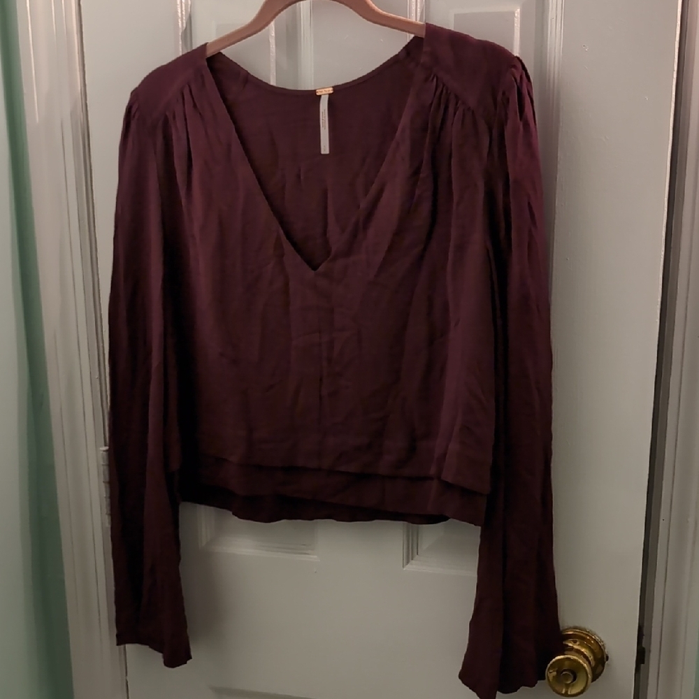 Free People Red Long Sleeve Relaxed V-Neck Blouse - Picture 1 of 8